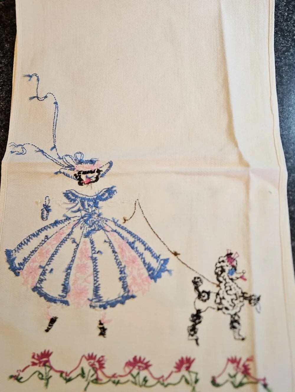 Vintage Embroidered Table Runner Poodle Lady Walk Dog MCM Mid Century